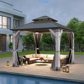 COVERONICS 8.5FT x 8.5FT Outdoor Hardtop Gazebo - Patio Cedar Wood Post Gazebo with Galvanized Steel Hardtop, Heavy-Duty Double Roof Pavilion with Netting & Curtains for Garden, Poolside, Deck, Backyard